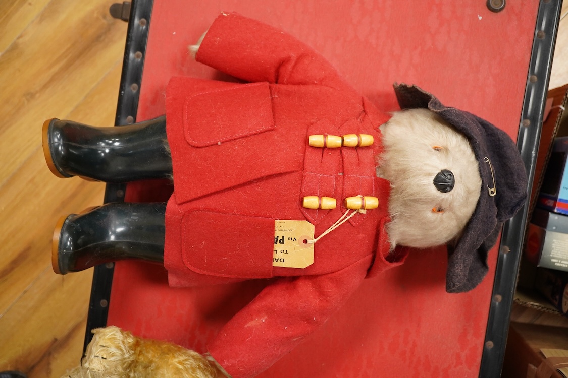 An English 1930s teddy bear and a Paddington Bear by Gabrielle Designs with original labels